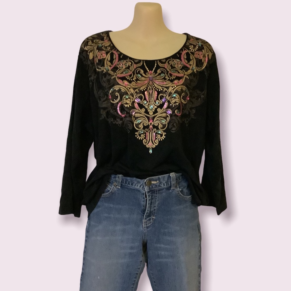 Y2K Women’s Rebecca Malone, 100% Cotton, jeweled appliqué, color black